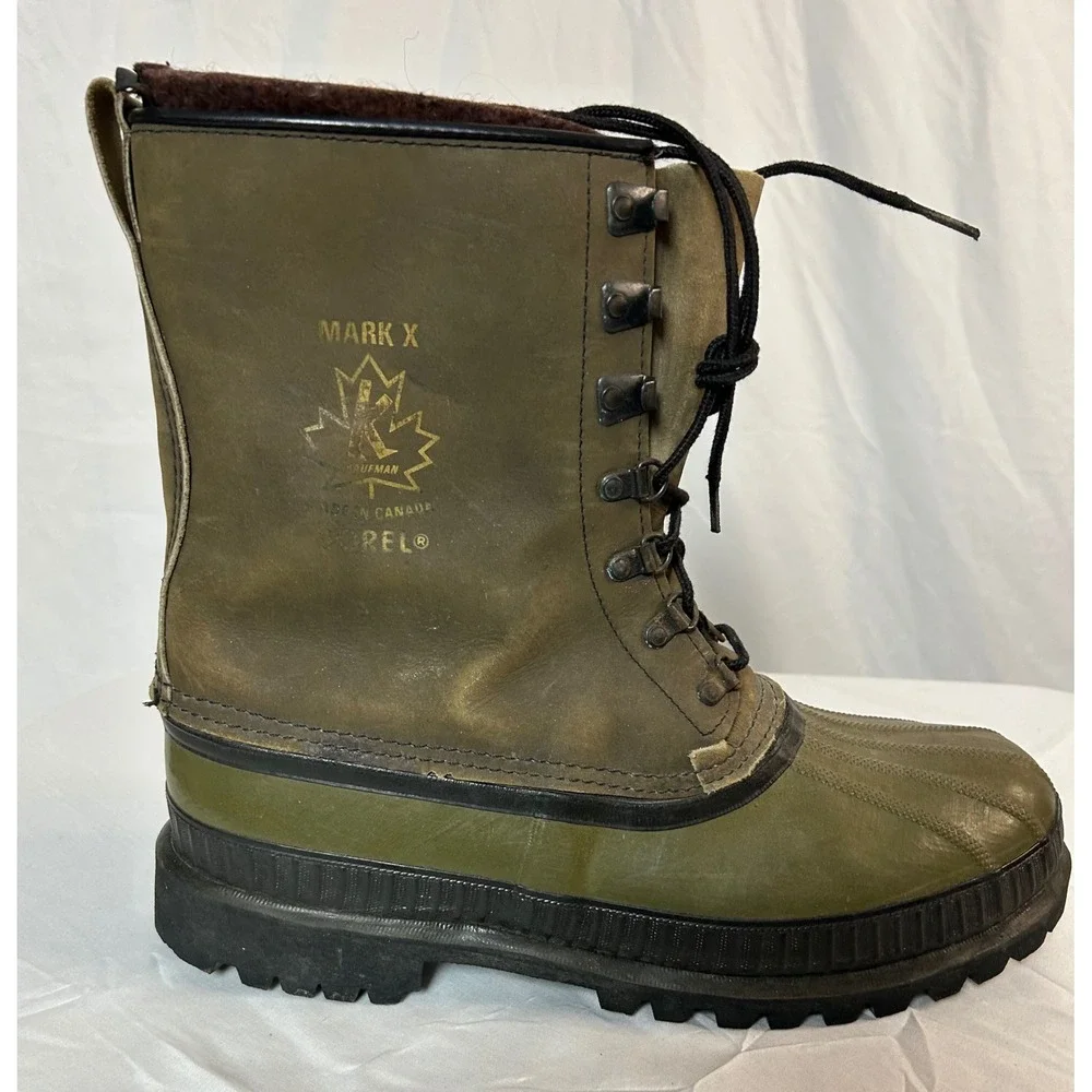 Vintage Sorel Mark X Kaufman Boots Olive Green Wool Liner Vibram Sole Canada 12
